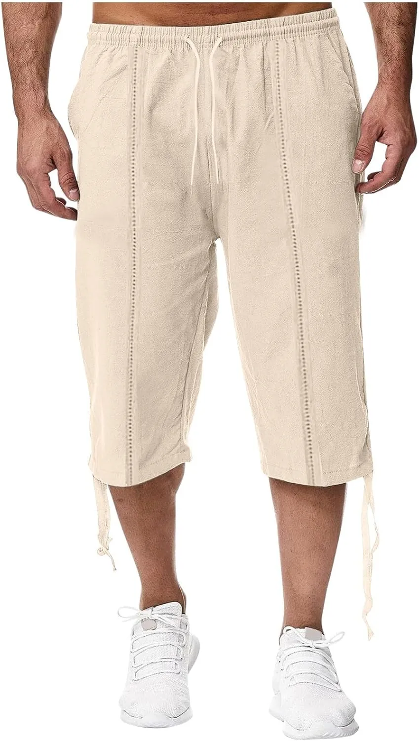 Mens Cotton and Linen Capri Pants Expandable Waist Drawstring Fashion Solid Cropped Pant Summer Loose Workout Jogger Trousers