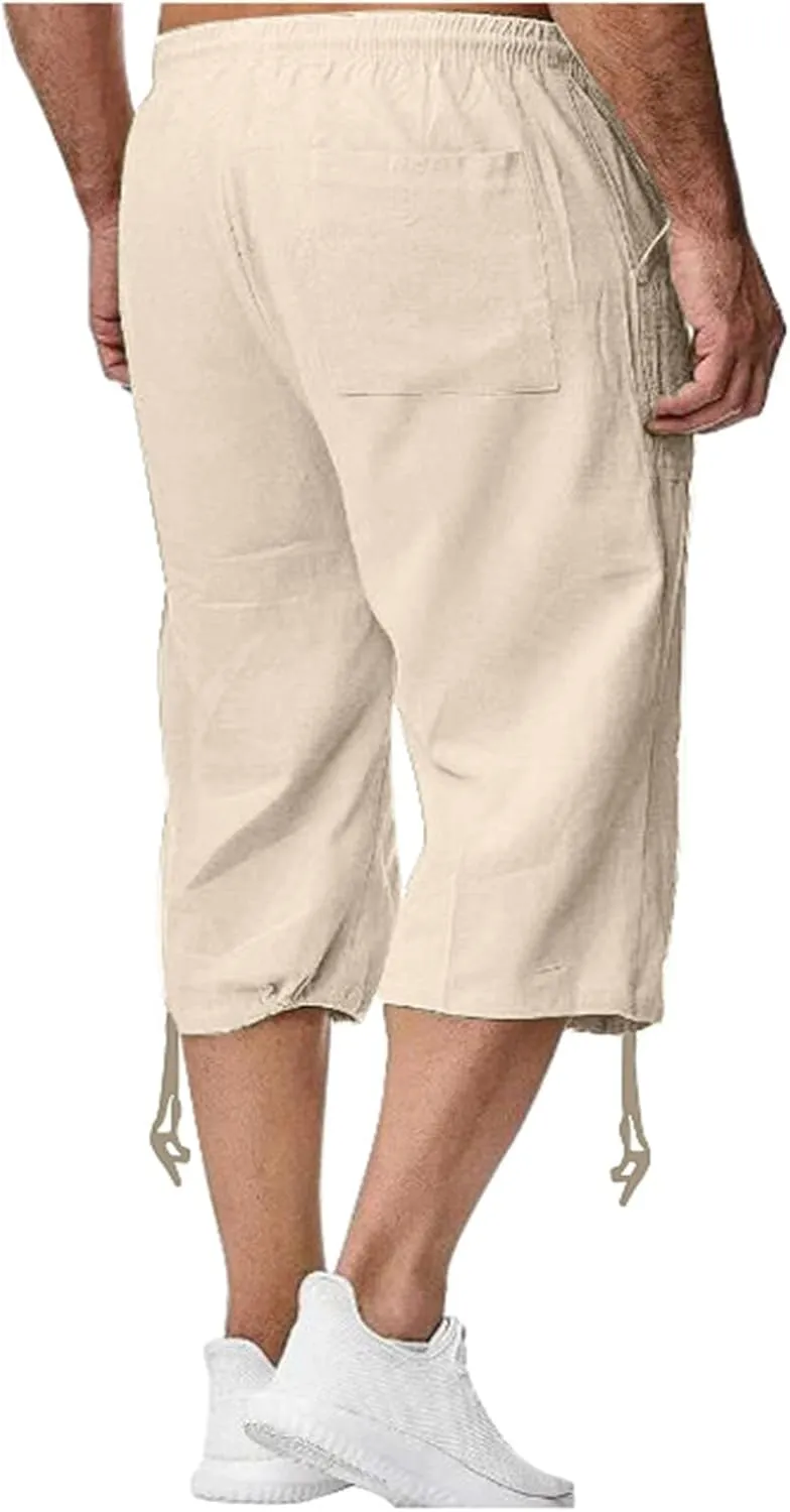 Mens Cotton and Linen Capri Pants Expandable Waist Drawstring Fashion Solid Cropped Pant Summer Loose Workout Jogger Trousers