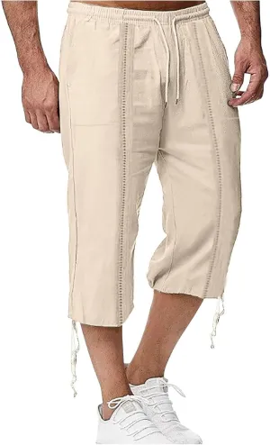 Mens Cotton and Linen Capri Pants Expandable Waist Drawstring Fashion Solid Cropped Pant Summer Loose Workout Jogger Trousers