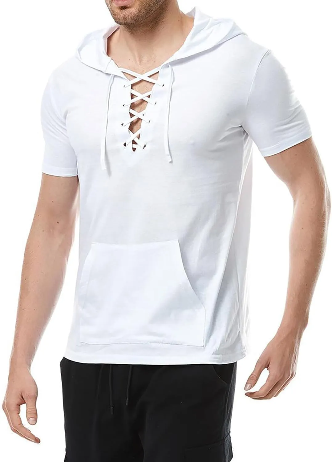 Men's Cotton Linen Hooded Shirts Summer Casual Short Sleeve Hoodies with Pocket for Renaissance Medieval Costume