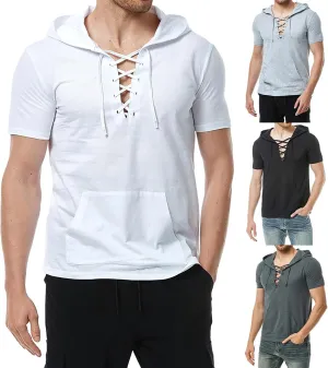 Men's Cotton Linen Hooded Shirts Summer Casual Short Sleeve Hoodies with Pocket for Renaissance Medieval Costume