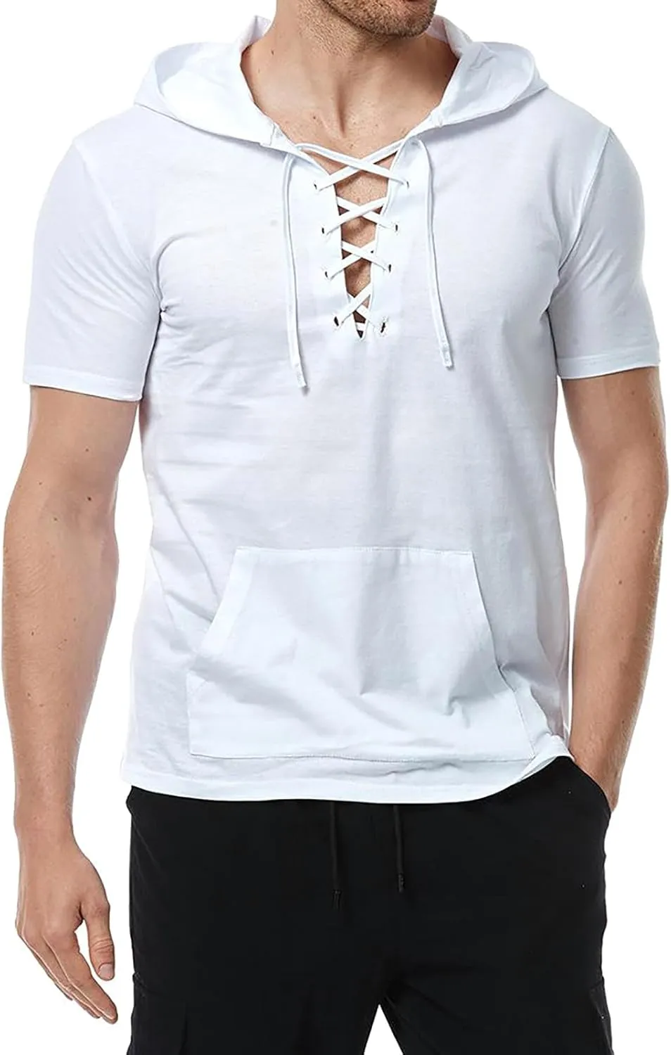 Men's Cotton Linen Hooded Shirts Summer Casual Short Sleeve Hoodies with Pocket for Renaissance Medieval Costume