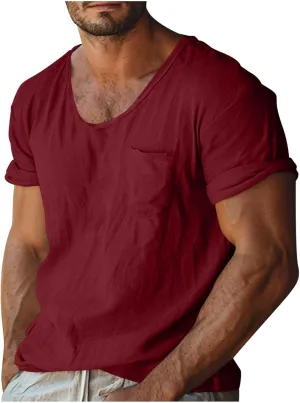 Men's Cotton Linen T Shirt Short Sleeve Crew Neck Tops Casual Summer Lightweight Loose Classic Basic Tee Shirts