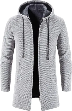 Men's Drawstring Plush Hooded Jacket Coat Business Zipper Long Sleeve Cardigan Outwear