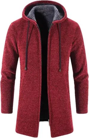 Men's Drawstring Plush Hooded Jacket Coat Business Zipper Long Sleeve Cardigan Outwear
