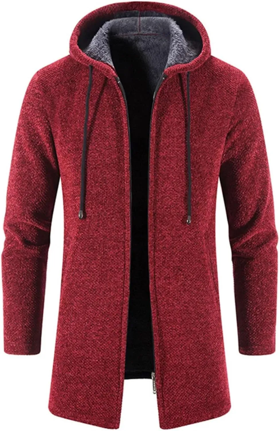 Men's Drawstring Plush Hooded Jacket Coat Business Zipper Long Sleeve Cardigan Outwear