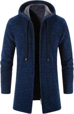 Men's Drawstring Plush Hooded Jacket Coat Business Zipper Long Sleeve Cardigan Outwear