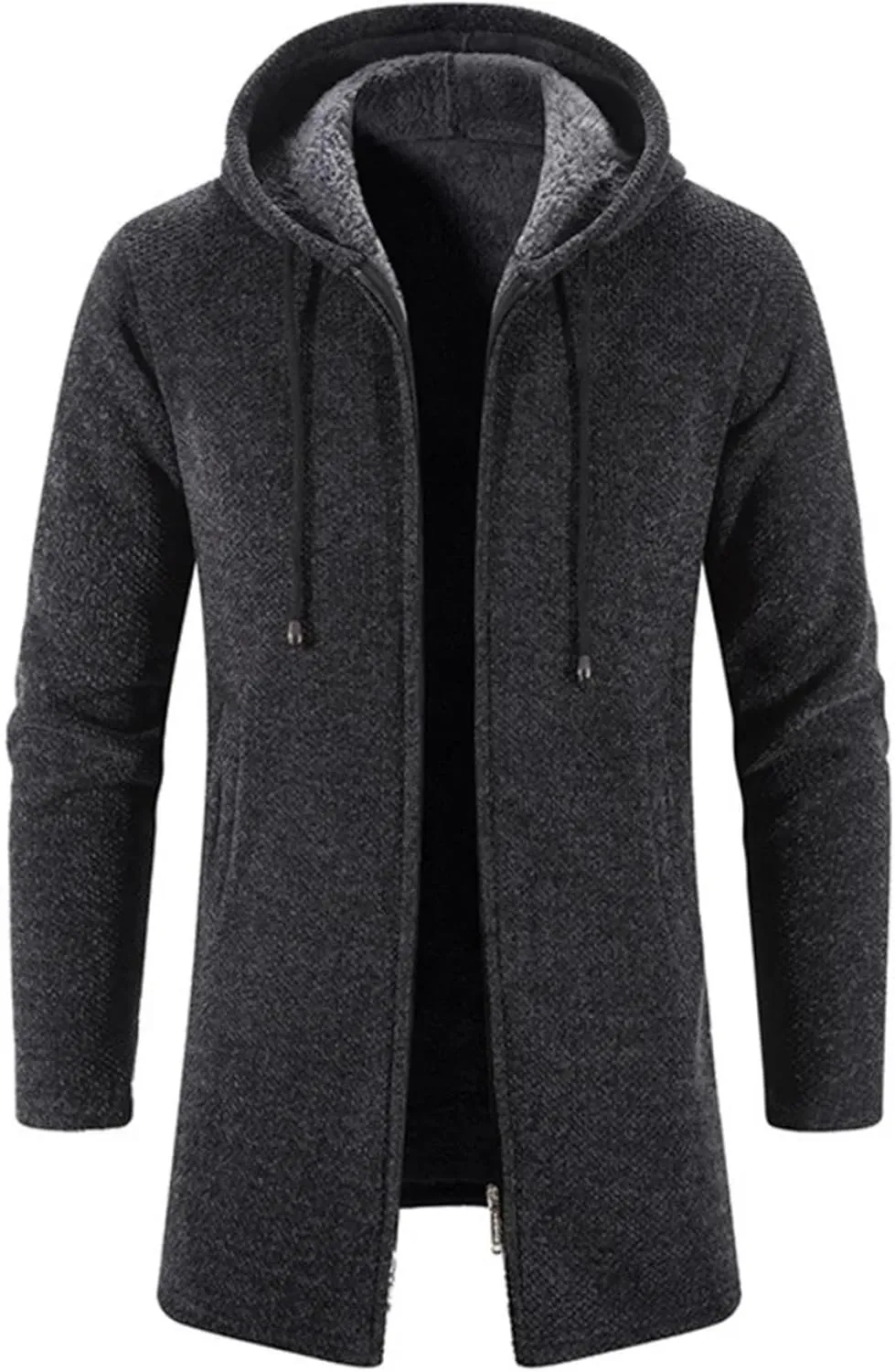 Men's Drawstring Plush Hooded Jacket Coat Business Zipper Long Sleeve Cardigan Outwear
