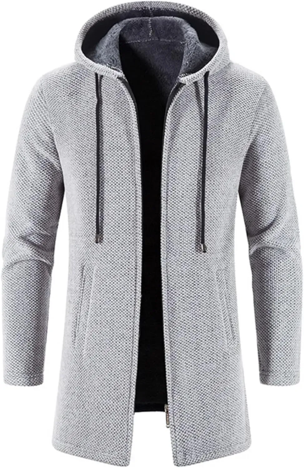 Men's Drawstring Plush Hooded Jacket Coat Business Zipper Long Sleeve Cardigan Outwear