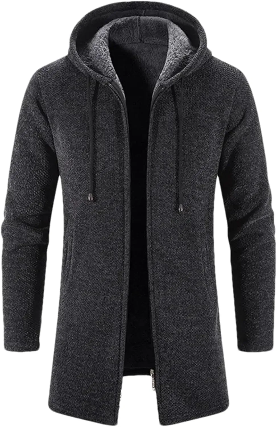 Men's Drawstring Plush Hooded Jacket Coat Business Zipper Long Sleeve Cardigan Outwear