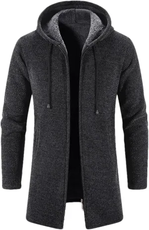 Men's Drawstring Plush Hooded Jacket Coat Business Zipper Long Sleeve Cardigan Outwear