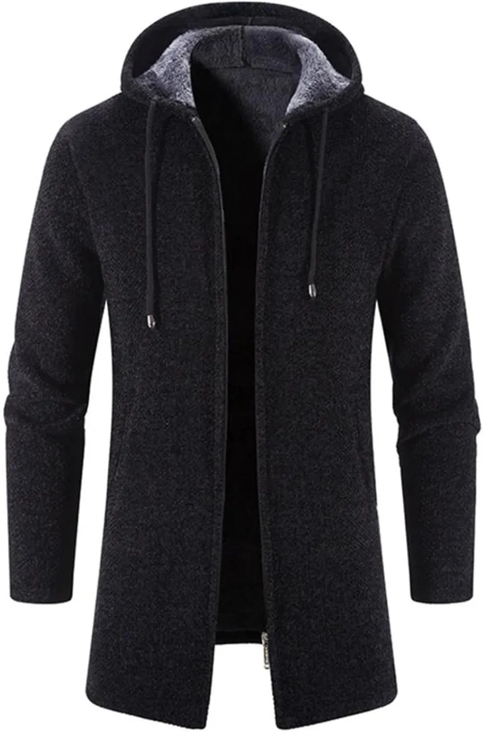 Men's Drawstring Plush Hooded Jacket Coat Business Zipper Long Sleeve Cardigan Outwear