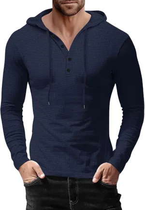 Men's Hoodie Sweatshirt Long Sleeve Button Down Henley Shirts Pullover Tops Drawstring Solid Casual Outdoor T-Shirt