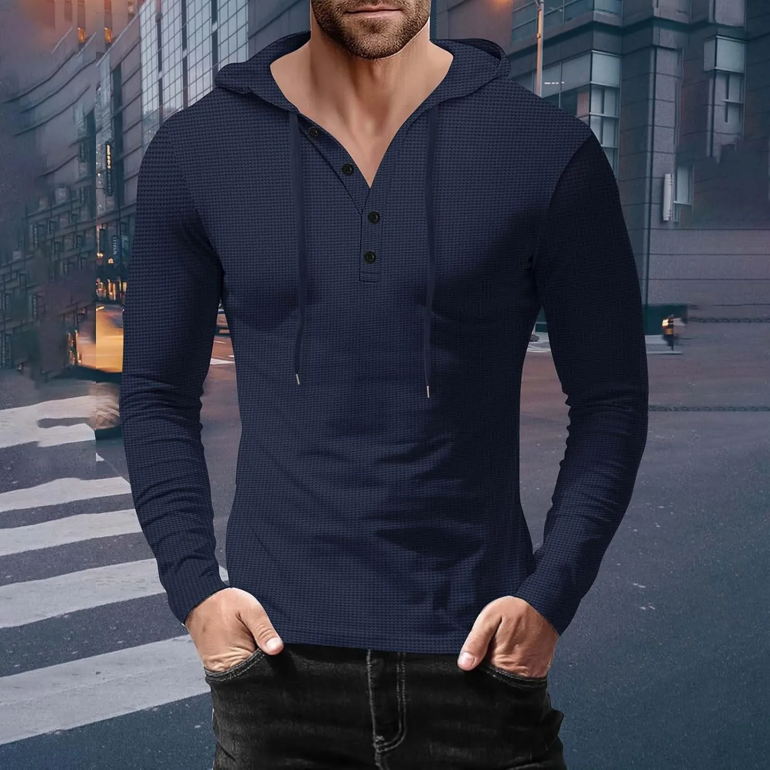 Men's Hoodie Sweatshirt Long Sleeve Button Down Henley Shirts Pullover Tops Drawstring Solid Casual Outdoor T-Shirt