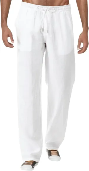 Men's Linen Drawstring Pants Baggy Elastic Waist Trouser Loose Fit Casual Lightweight Yoga Summer Beach Pants