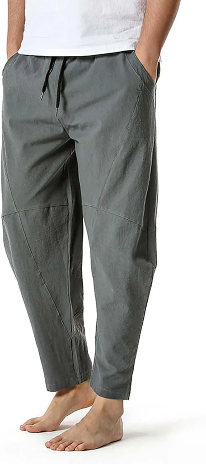 Men's Linen Pants Casual Elastic Waist Drawstring Yoga Beach Trousers Lightweight Joggers Classic Tapered Trouser