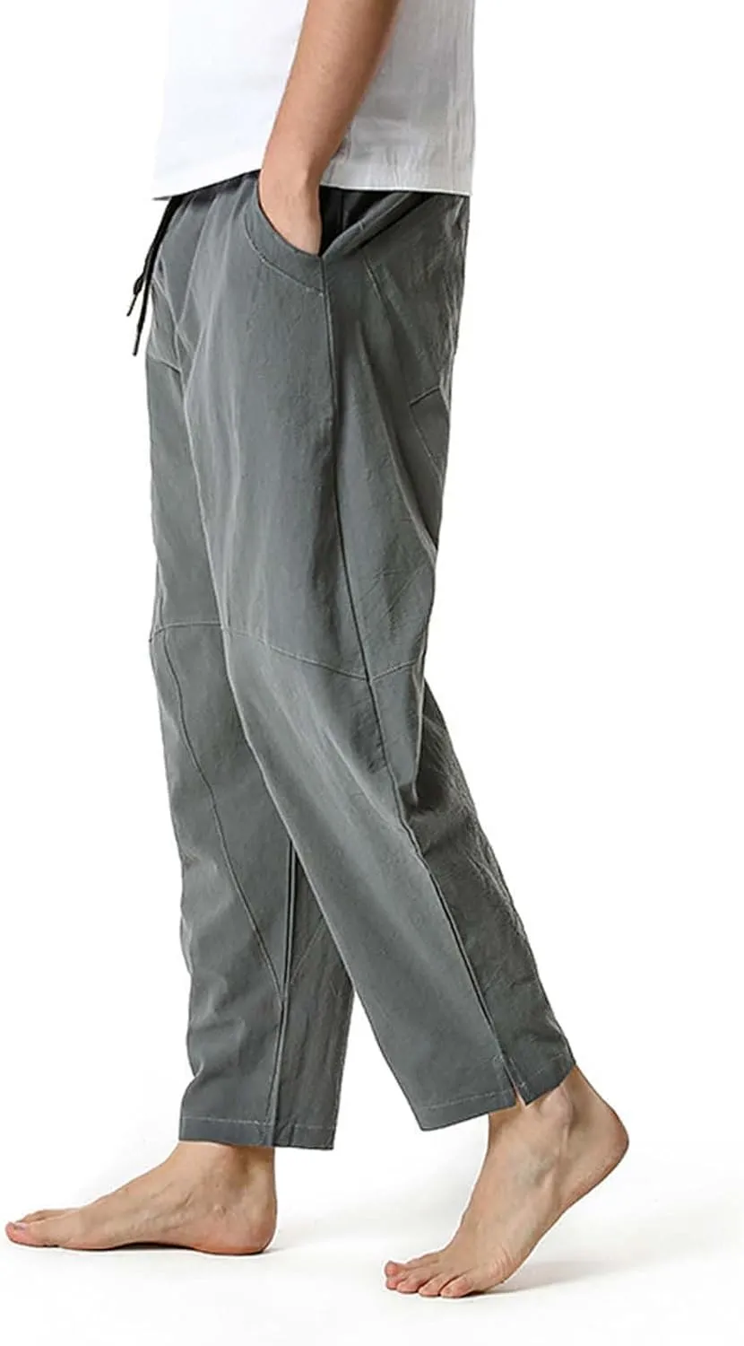 Men's Linen Pants Casual Elastic Waist Drawstring Yoga Beach Trousers Lightweight Joggers Classic Tapered Trouser