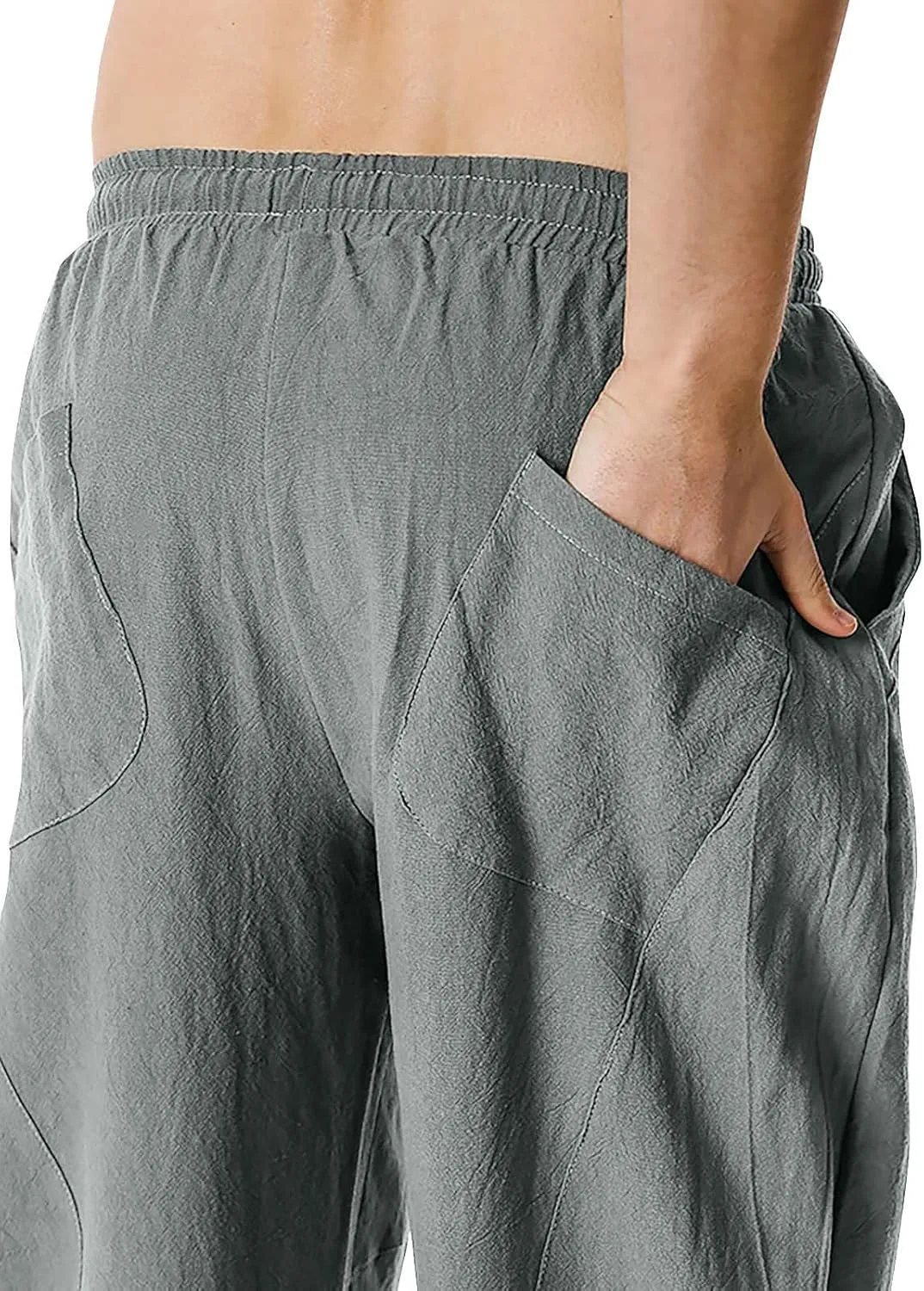 Men's Linen Pants Casual Elastic Waist Drawstring Yoga Beach Trousers Lightweight Joggers Classic Tapered Trouser