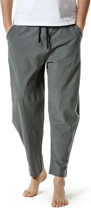 Men's Linen Pants Casual Elastic Waist Drawstring Yoga Beach Trousers Lightweight Joggers Classic Tapered Trouser
