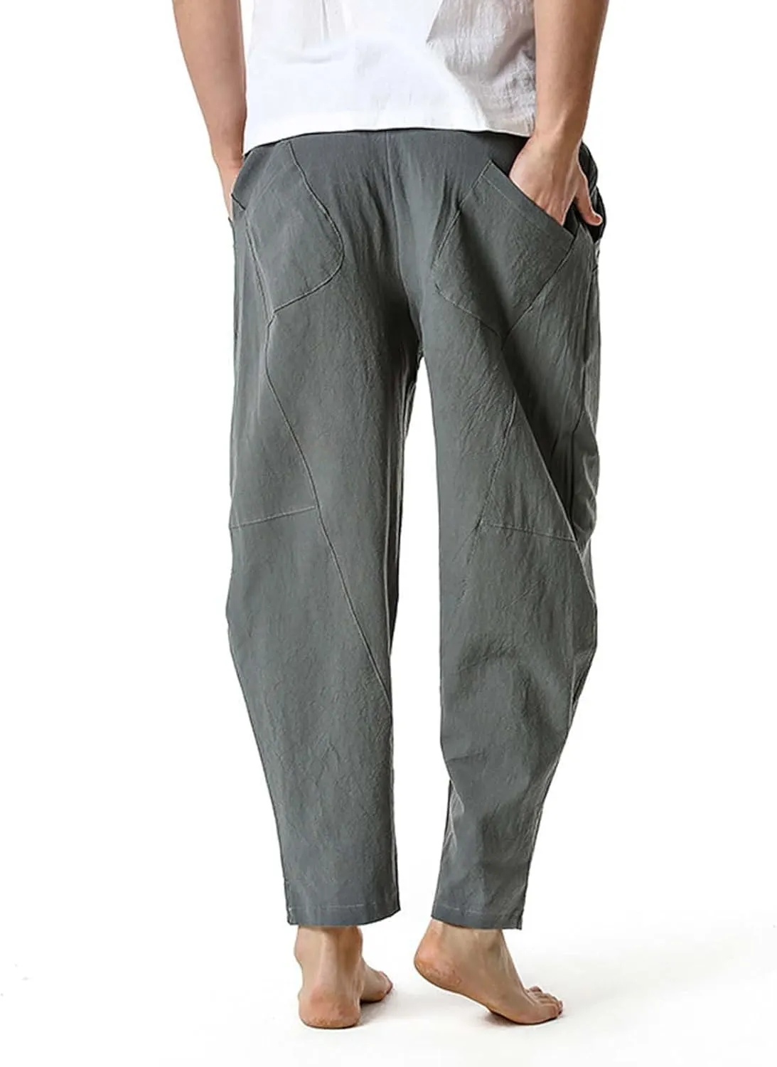 Men's Linen Pants Casual Elastic Waist Drawstring Yoga Beach Trousers Lightweight Joggers Classic Tapered Trouser