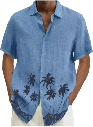 Men's Linen Shirts Short Sleeve Hawaiian Summer Button down T Shirts Vacation Beach Tops Casual Plus Size Tops