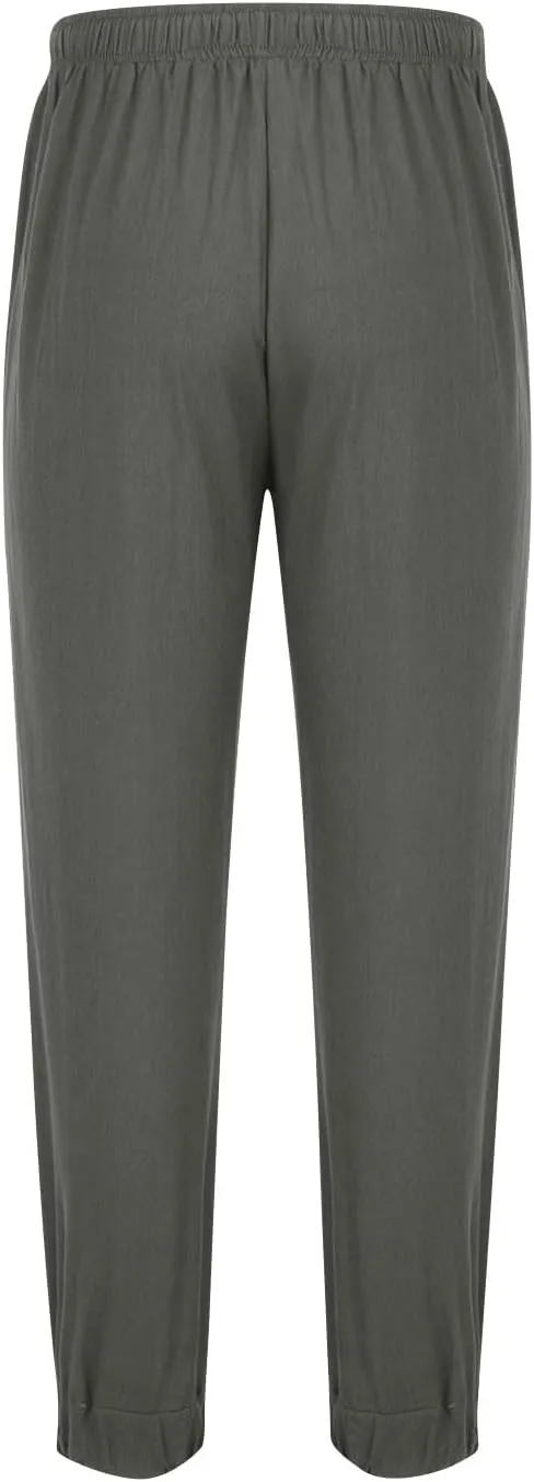 Mens Linen Yoga Pants Classic Elastic Waist Drawstring Summer Pleated Beach Pants Loose Fit Casual Tapered Trousers