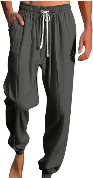 Mens Linen Yoga Pants Classic Elastic Waist Drawstring Summer Pleated Beach Pants Loose Fit Casual Tapered Trousers