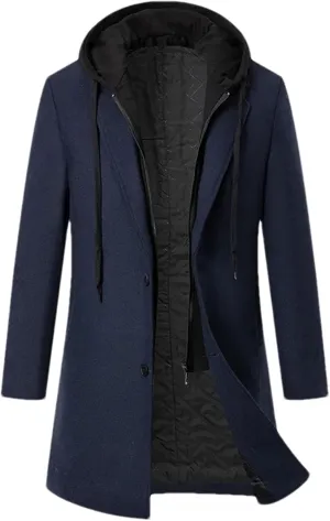 Men's Patchwork Hooded Blends Jacket Coat Long Slim Solid Business Cardigan Outwear