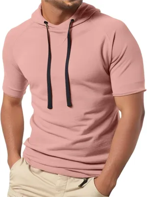 Mens Short Sleeve Muscle Hoodies Slim Fit Fitness Gym Workout Athletic Tee Pullover Tops Casual Loose Fashion Shirts