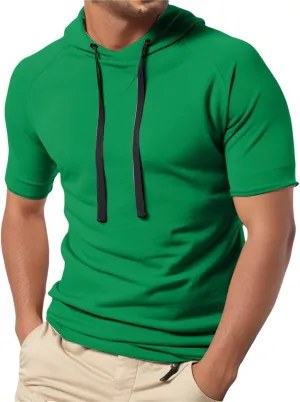 Mens Short Sleeve Muscle Hoodies Slim Fit Fitness Gym Workout Athletic Tee Pullover Tops Casual Loose Fashion Shirts