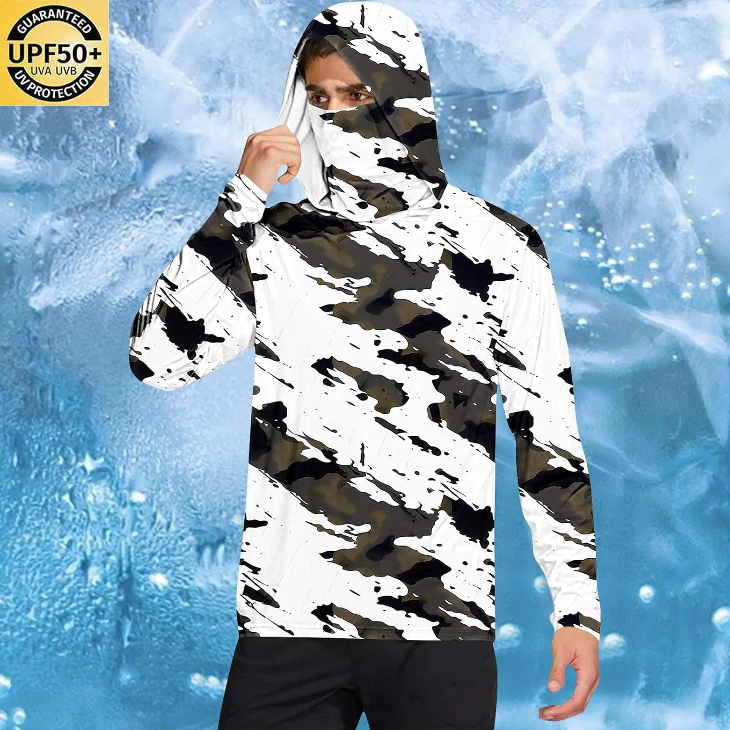 Mens Sun Protection Shirts UPF 50 Long Sleeve Hoodie Breathable Lightweight Beach Fishing UV SPF T-Shirts with Mask