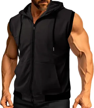 Men's Workout Hooded Tank Tops Zip Up Sleeveless Hipster T-Shirts Bodybuilding Hoodies Muscle Fitness Cut Off T Shirt