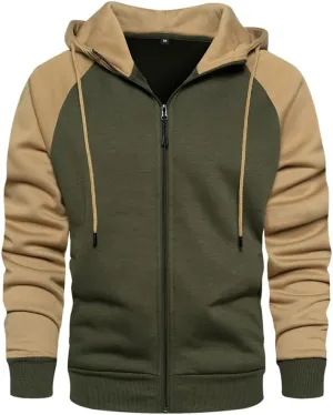 Men's Zip-Up Hoodie Long Sleeve Casual Drawstring Color Block Vintage Fleece Sweatshirt with Pocket