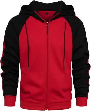 Men's Zip-Up Hoodie Long Sleeve Casual Drawstring Color Block Vintage Fleece Sweatshirt with Pocket