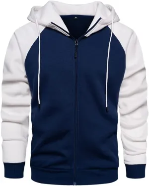 Men's Zip-Up Hoodie Long Sleeve Casual Drawstring Color Block Vintage Fleece Sweatshirt with Pocket