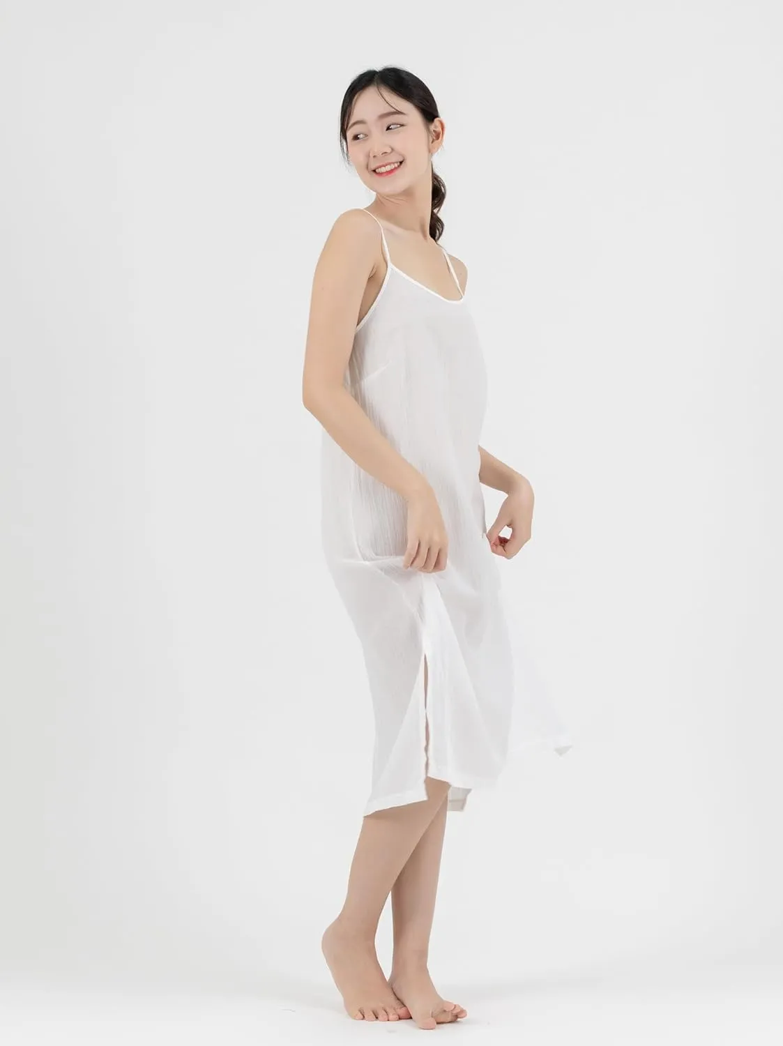 Midi Length Cotton Full Slip Under Dress Adjustable Spaghetti Strap Undergarment Nightwear (S/M, White)