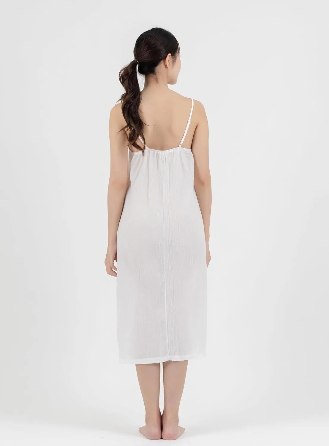 Midi Length Cotton Full Slip Under Dress Adjustable Spaghetti Strap Undergarment Nightwear (S/M, White)