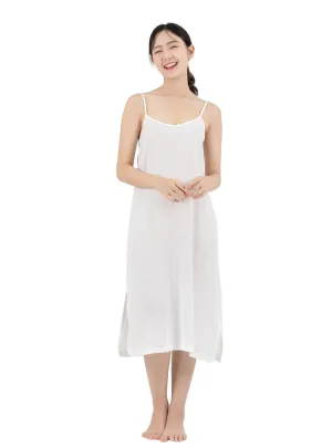 Midi Length Cotton Full Slip Under Dress Adjustable Spaghetti Strap Undergarment Nightwear (S/M, White)
