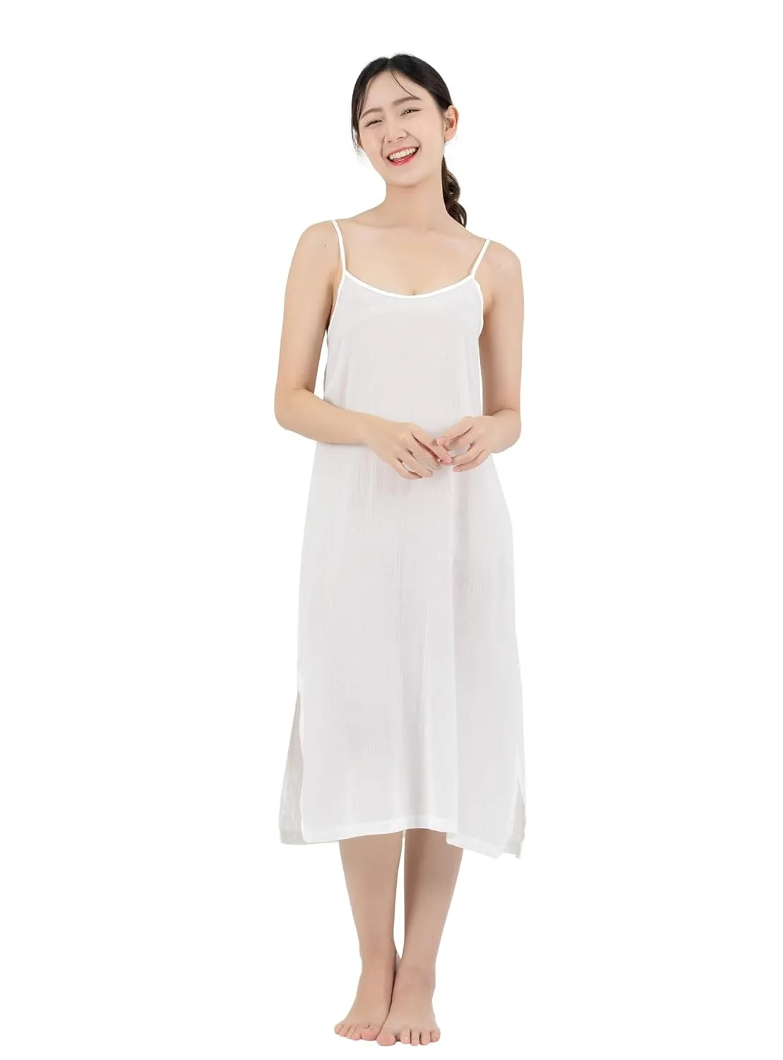 Midi Length Cotton Full Slip Under Dress Adjustable Spaghetti Strap Undergarment Nightwear (S/M, White)