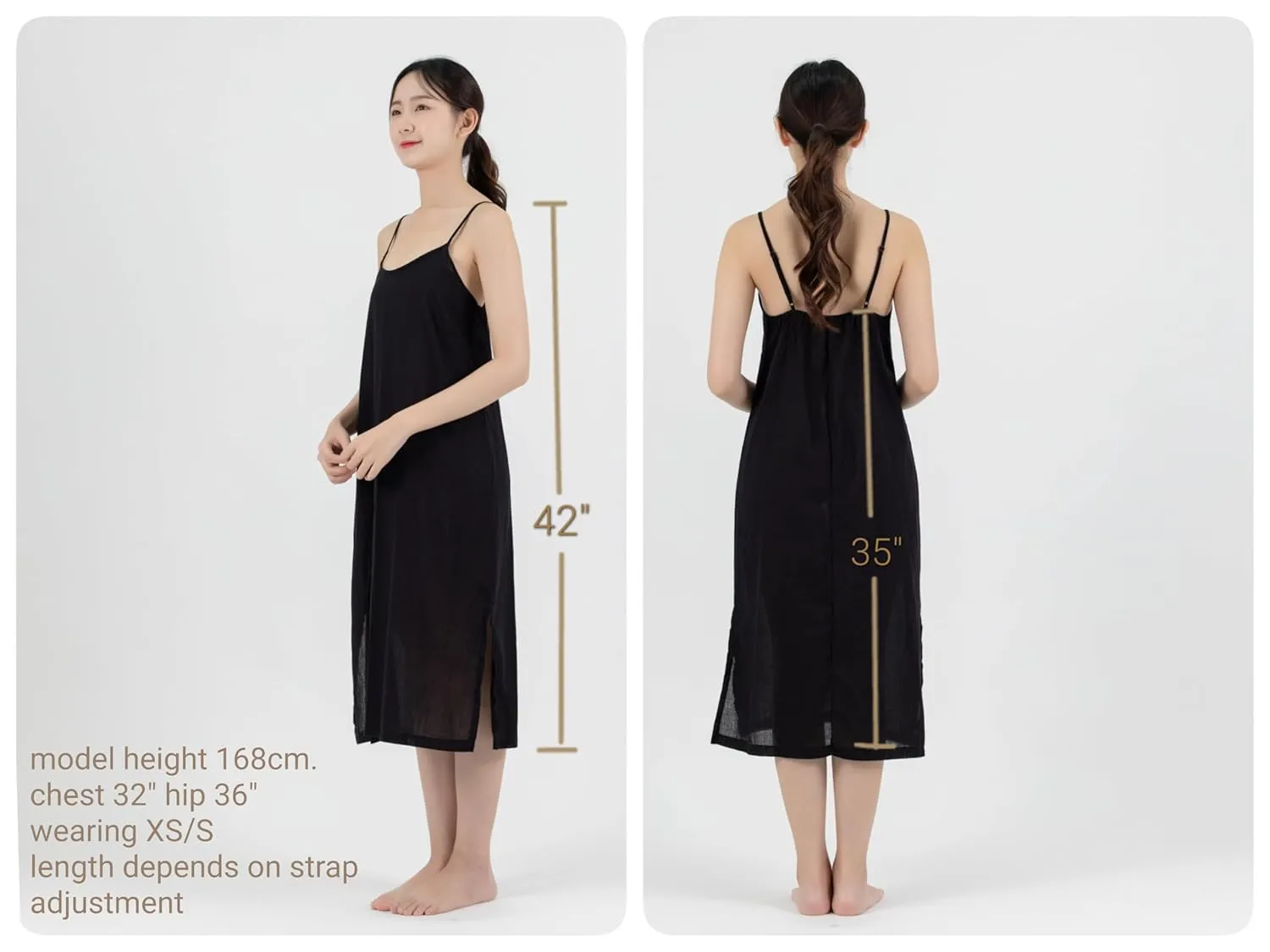 Midi Length Cotton Full Slip Under Dress Adjustable Spaghetti Strap Undergarment Nightwear (S/M, White)