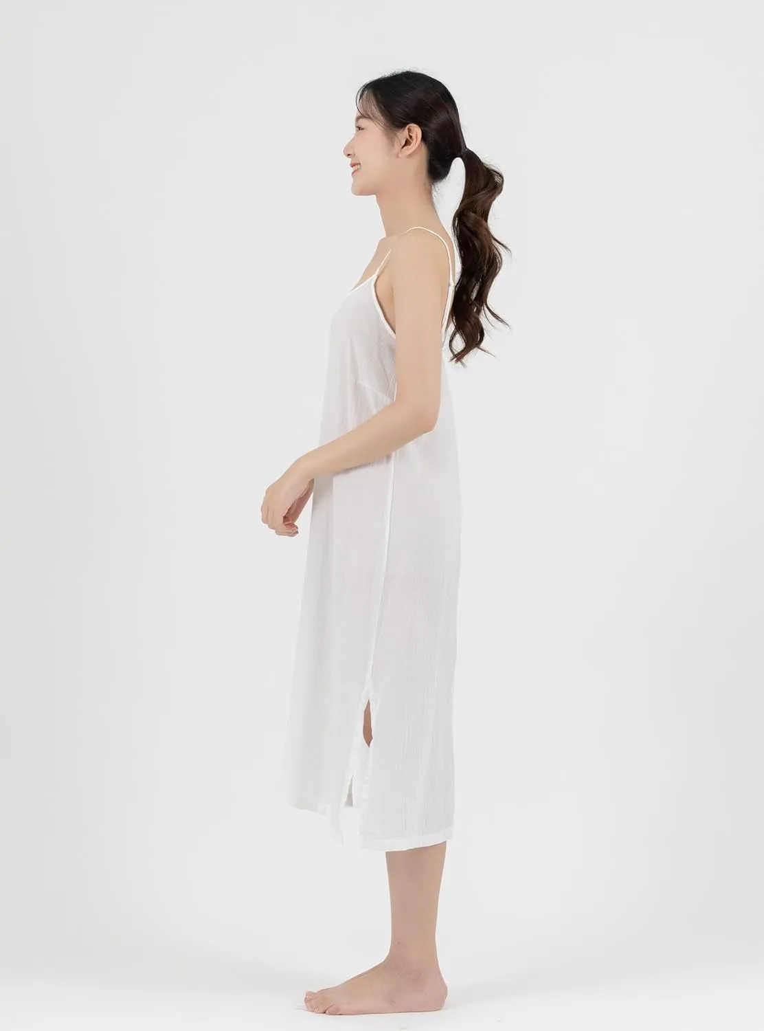 Midi Length Cotton Full Slip Under Dress Adjustable Spaghetti Strap Undergarment Nightwear (S/M, White)
