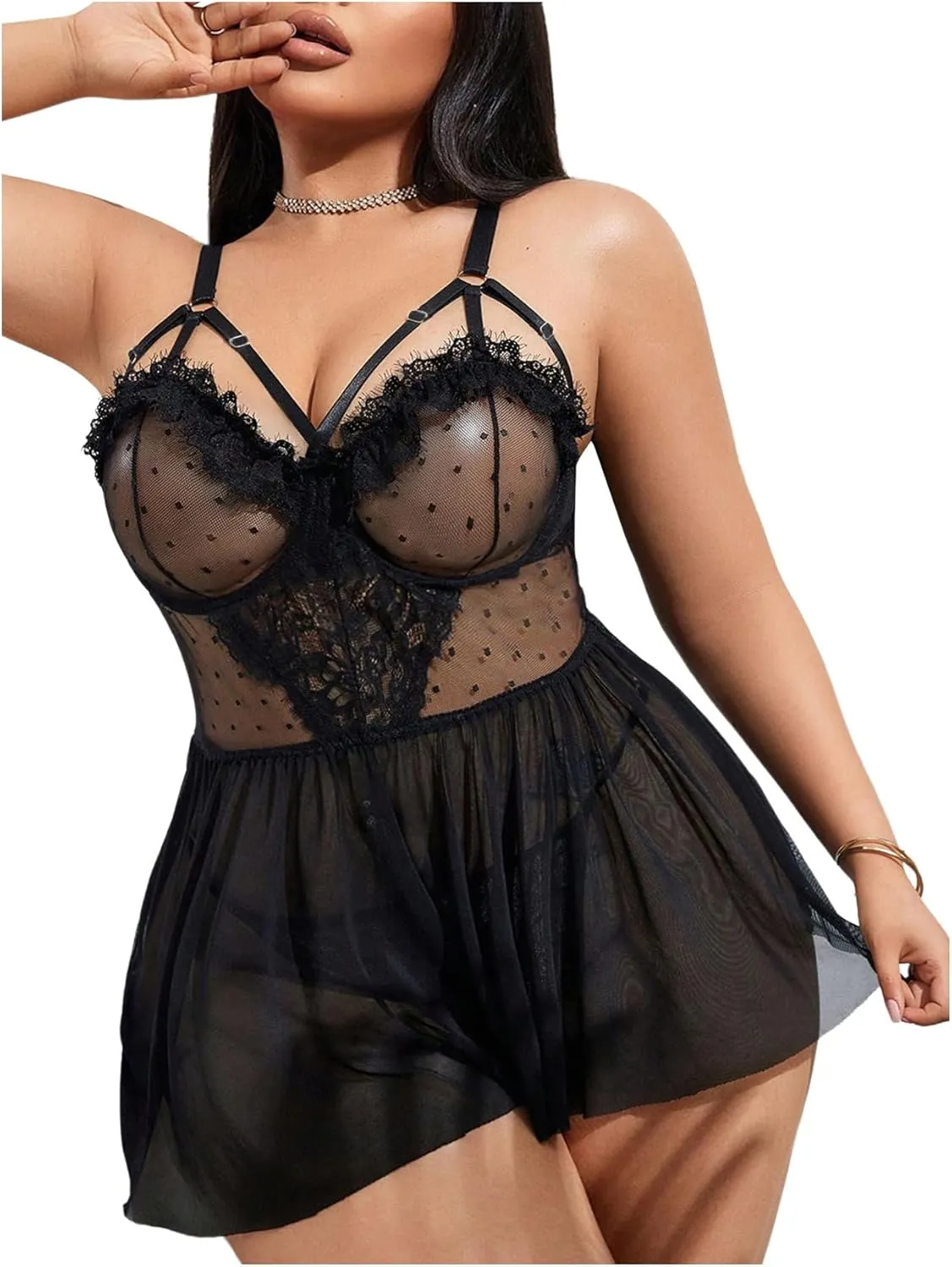 Milumia Women's Plus Size 2 Piece Lingerie Set Sheer Mesh Lace Cut Out Babydoll Nightwear