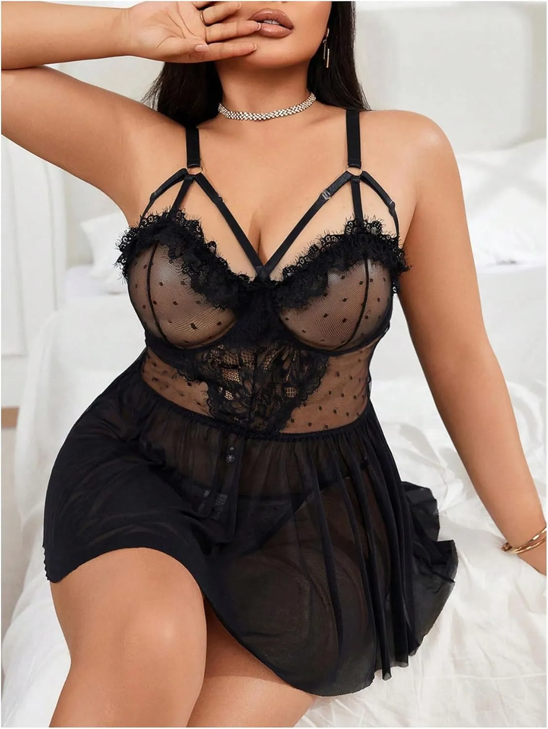 Milumia Women's Plus Size 2 Piece Lingerie Set Sheer Mesh Lace Cut Out Babydoll Nightwear