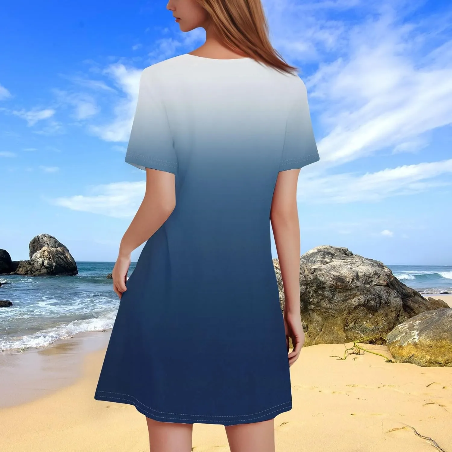 Mini Dresses for Women Tie Dye Hollow Short Sleeve Shirt Dress Casual Crewneck Holiday Beach Summer Sundress
