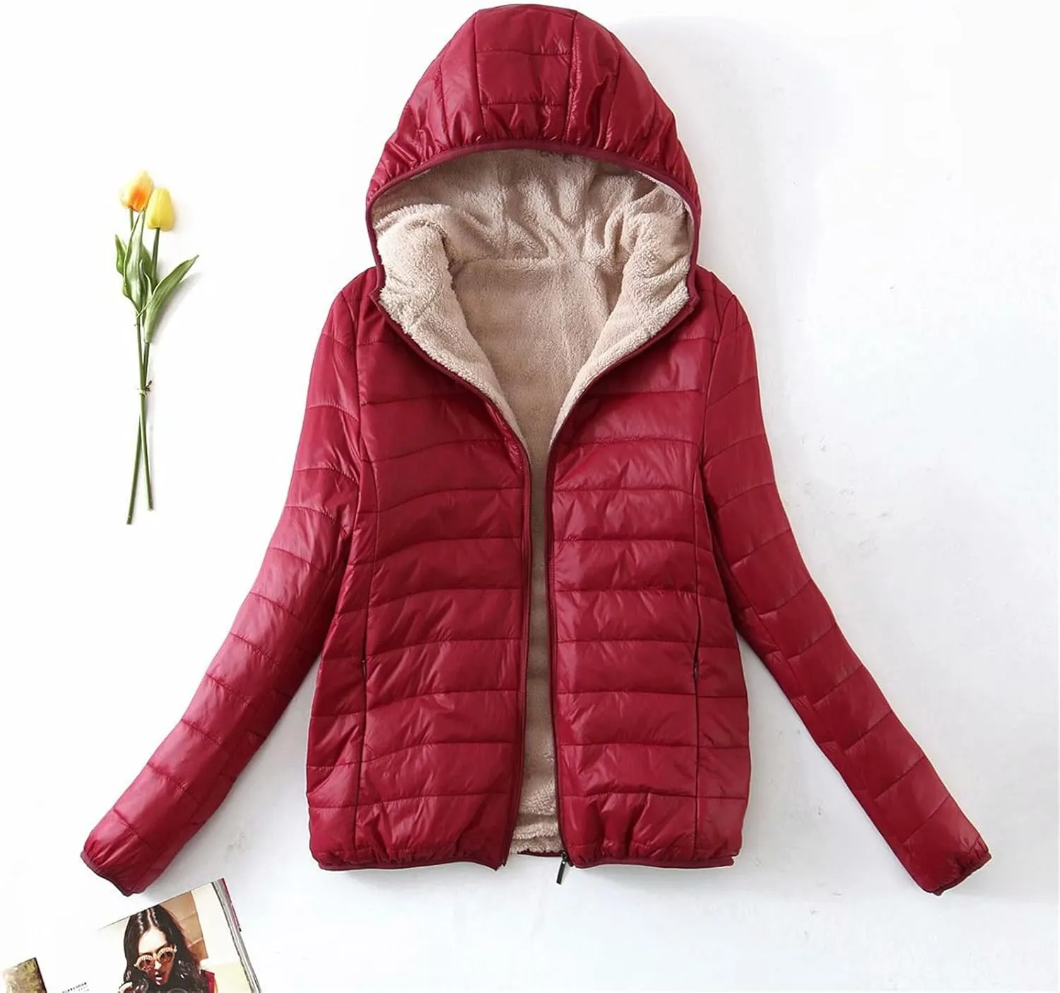 Mmoneyake Women's Quilted Winter Coats Thicken Fleece Lined Down Jacket Puffer Insulated Coats Slim Fit Hoodie Outerwear 2024