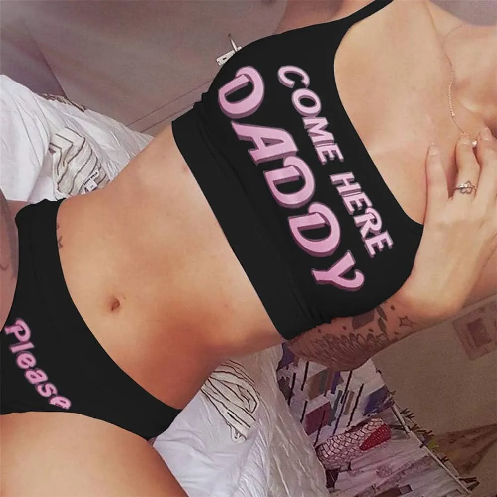 Multitrust Sexy Women Come Here Daddy Please Strappy Lingerie Set 2PCS Slutty Underwear Tank Tops and Panty Pajamas Sleepwear
