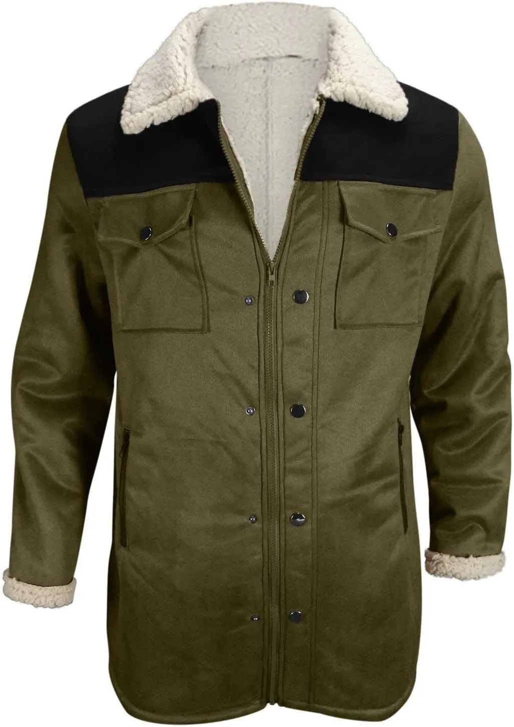Muscularfit Faux Leather Long Trench Coats Men Vintage Suede Jacket Plush Collar Coats Zip Up Sherpa Motorcycle Jacket Coats