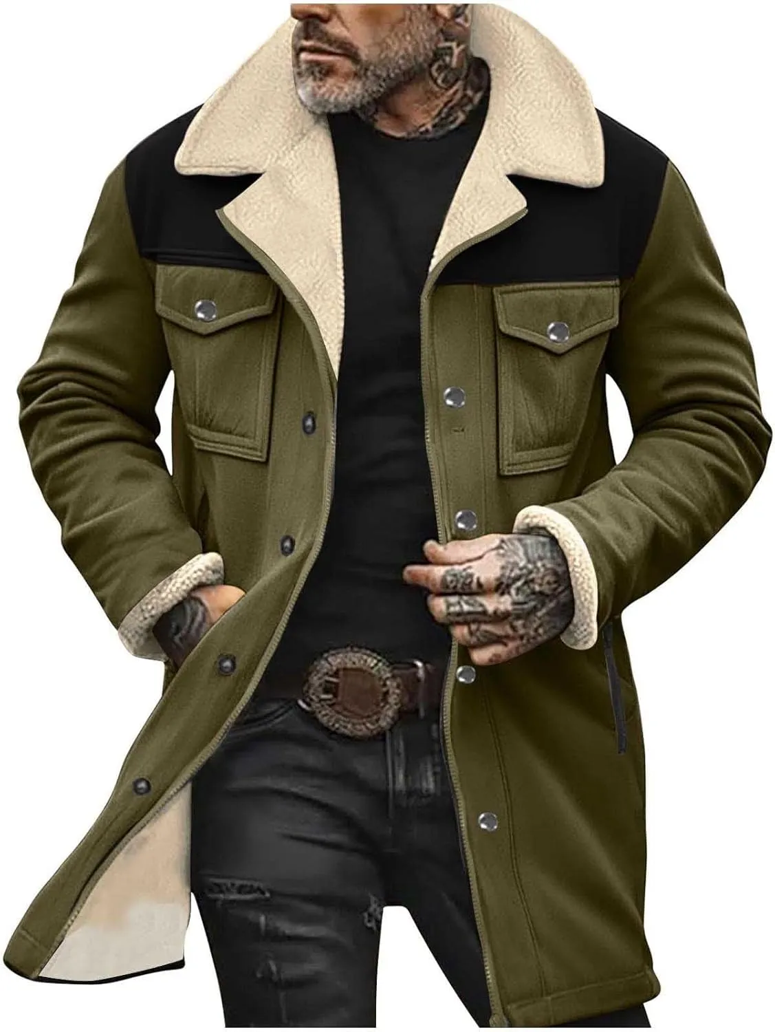 Muscularfit Faux Leather Long Trench Coats Men Vintage Suede Jacket Plush Collar Coats Zip Up Sherpa Motorcycle Jacket Coats