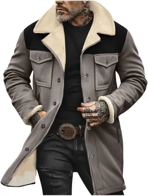 Muscularfit Faux Leather Long Trench Coats Men Vintage Suede Jacket Plush Collar Coats Zip Up Sherpa Motorcycle Jacket Coats