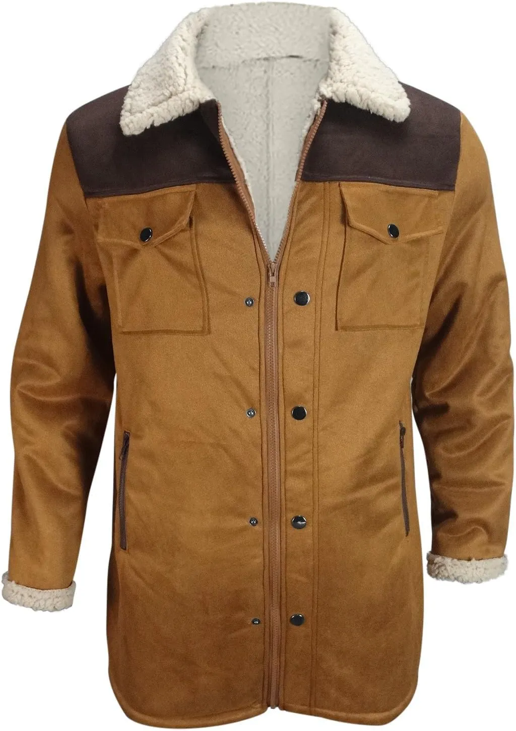 Muscularfit Faux Leather Long Trench Coats Men Vintage Suede Jacket Plush Collar Coats Zip Up Sherpa Motorcycle Jacket Coats